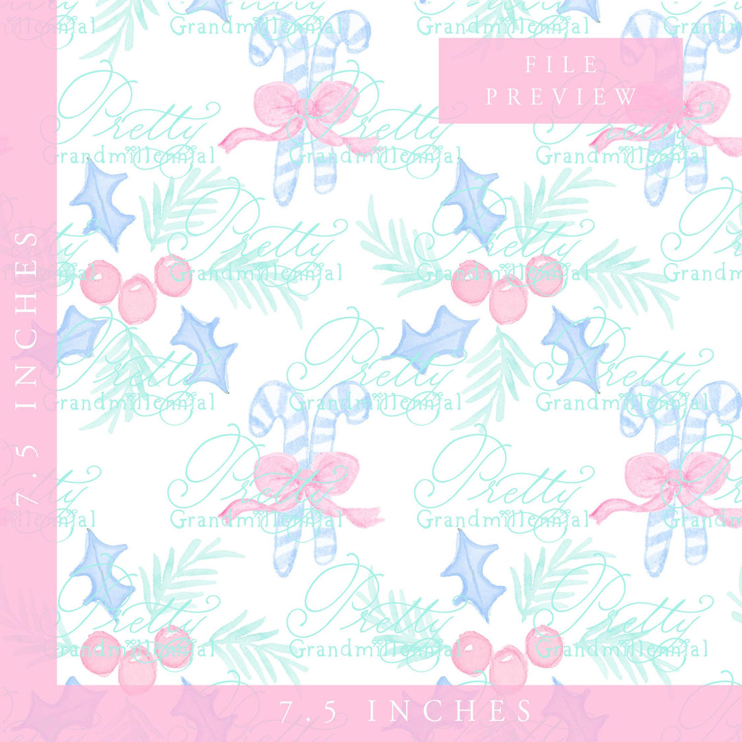 Candy cane Christmas pattern, Grandmillennial, pink holly pattern, seamless pattern print, Christmas holly pattern, commercial use pattern - PrettyGrandmillennai