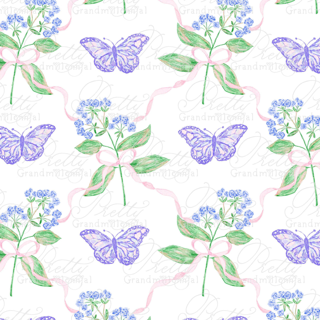 Butterflies Seamless Pattern with Bows, purple butterfly, pattern shop, seamless pattern, spring pattern, grandmillennial patterns - PrettyGrandmillennai
