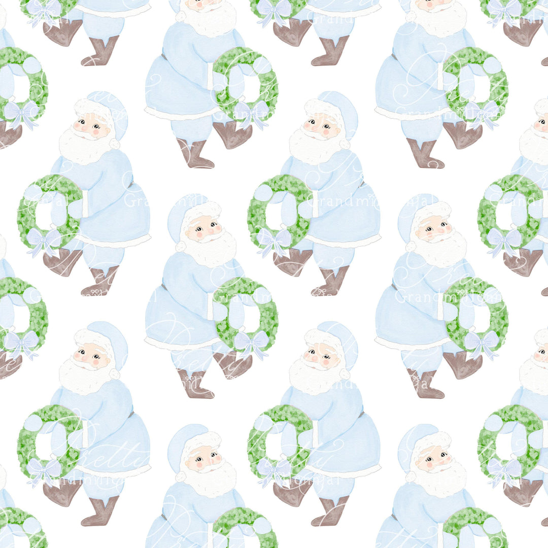 Blue Vintage Watercolor Santa, Vintage santa watercolor, santa pattern, Christmas santa pattern, blue santa pattern, grandmillennial - PrettyGrandmillennai