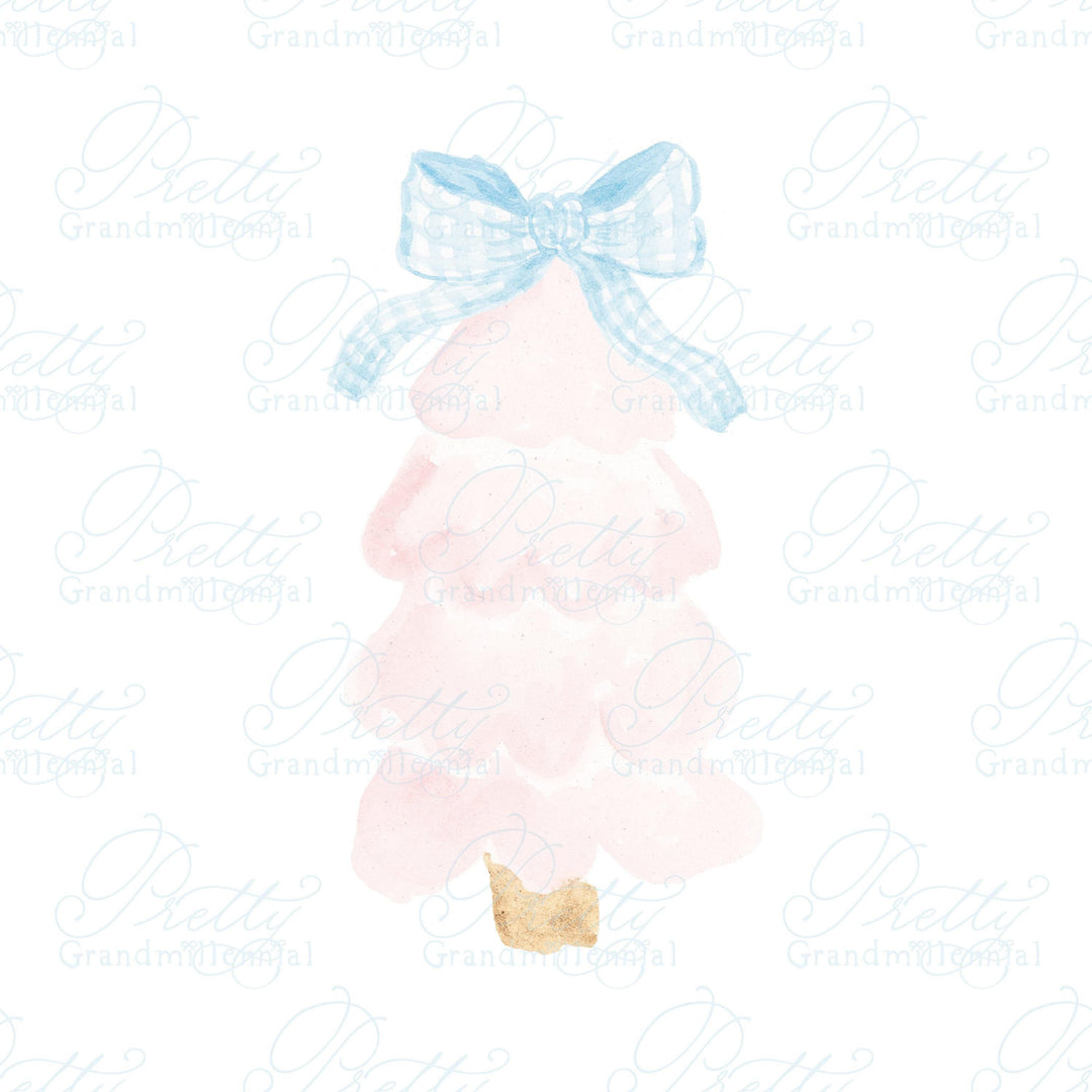 Pink Christmas tree clipart, watercolor Christmas tree, gingham bow, Christmas red bow, blue gingham bow, grandmillennial Christmas clipart - PrettyGrandmillennai
