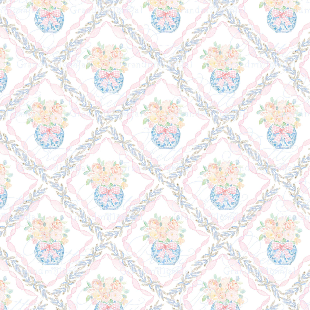 Ginger jar pattern, Ribbons pattern, chinoiserie vase, bow pattern, seamless pattern flowers, ginger jar, grandmillennial pattern shop, bows - PrettyGrandmillennai