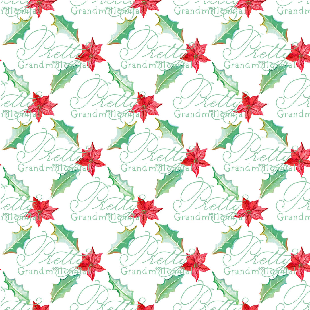 Christmas red flower and holly pattern, Christmas seamless pattern, pattern shop, grandmillennial, trellis holly pattern, print shop, preppy - PrettyGrandmillennai