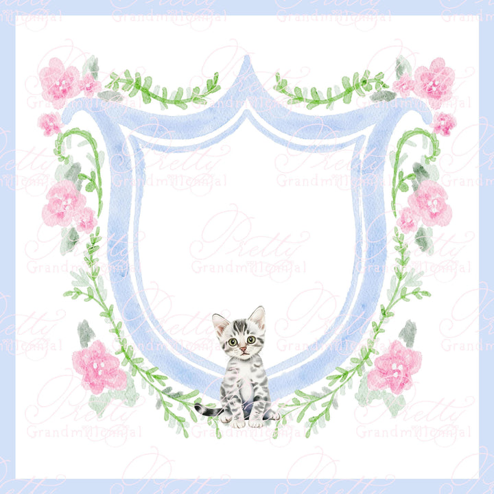 Watercolor crest kitty, cat crest floral crest, watercolor cat clipart, cute cat crest clipart, grandmilleninal - PrettyGrandmillennai