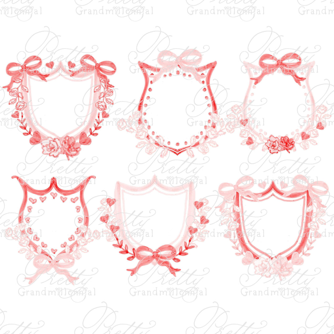 Valentine's Day Crests, Watercolor Crests, Valentine crests, valentine watercolor, valentine's day clipart, crest wedding, grandmillennial - PrettyGrandmillennai