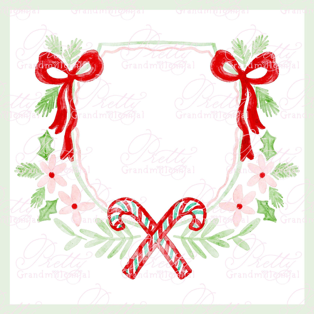 Preppy Christmas candy cane crest bows, png design, watercolor grandmillennial crest, double bow crest - PrettyGrandmillennai