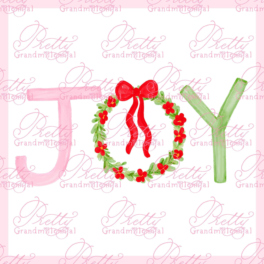 JOY Christmas graphic, grandmillennial, clipart Christmas, preppy clipart, Watercolor Christmas wreath, Christmas clipart - PrettyGrandmillennai