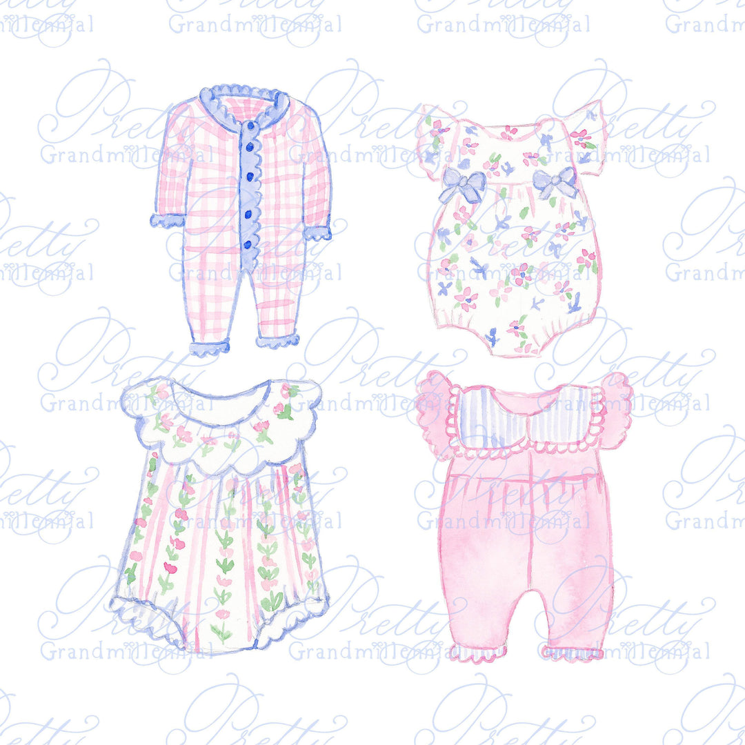 Baby Girl Romper Clipart, romper clipart, baby clothes clipart, grandmillennial, jumper clipart, romper illustration, pink romper clipart - PrettyGrandmillennai