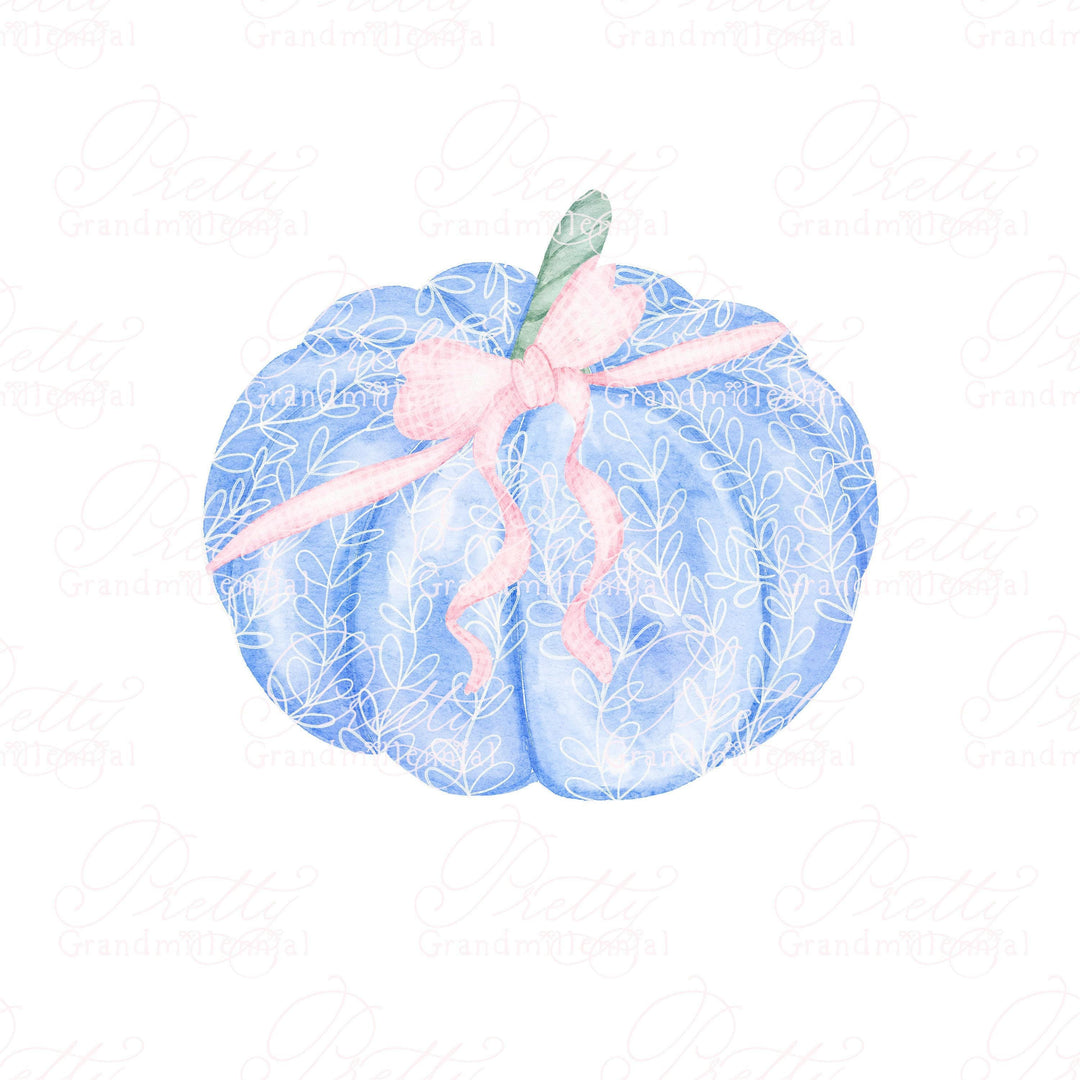 Watercolor blue pumpkin with bow, grandmillennial clipart, watercolor pumpkin clipart, blue pumpkin, pink bow clipart, fall clipart - PrettyGrandmillennai