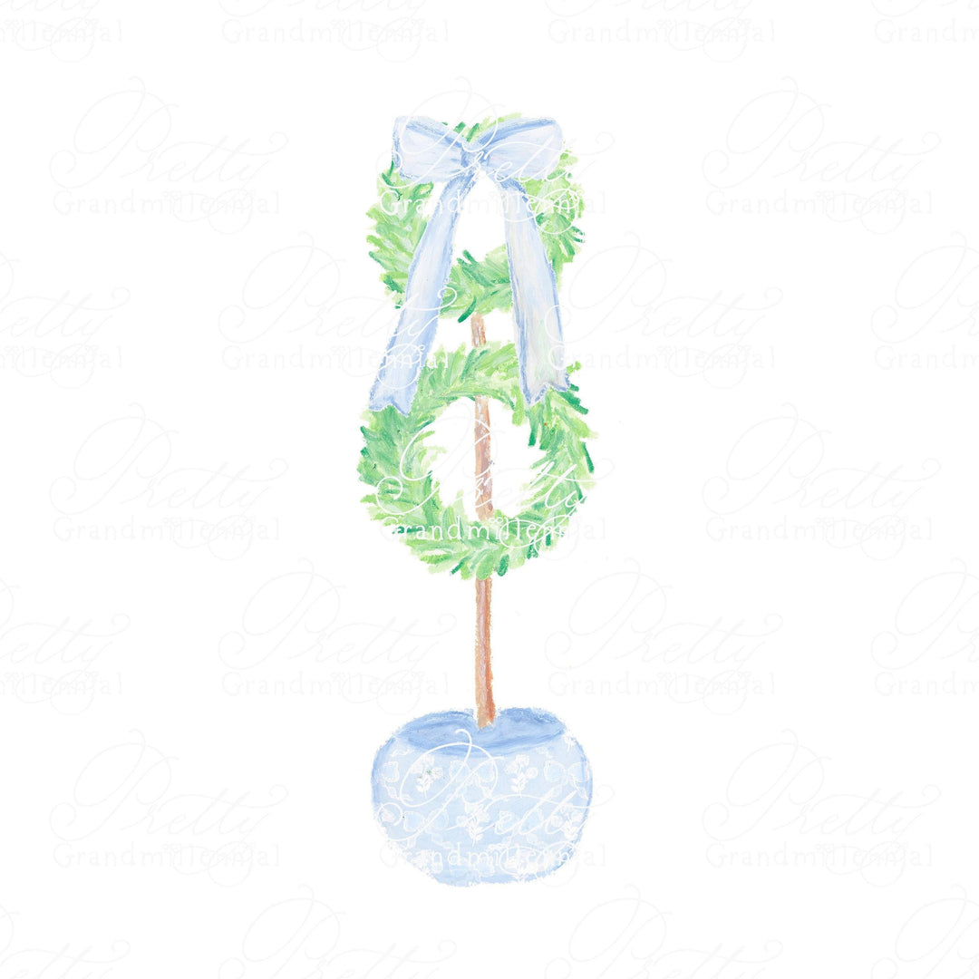 Oil Pastel Boxwood Wreath with Bows, Topiary Christmas wreath, topiary bow, bow sash, wreath clipart, grandmillennial clipart, oil pastel - PrettyGrandmillennai