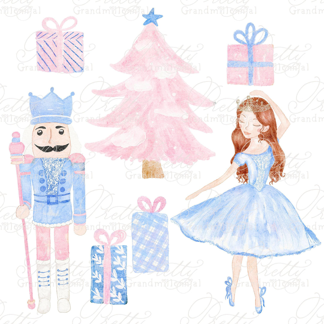 Nutcracker clipart, watercolor nutcracker clipart, christmas tree clipart, ballerina clipart, princess clipart, christmas presents clipart - PrettyGrandmillennai
