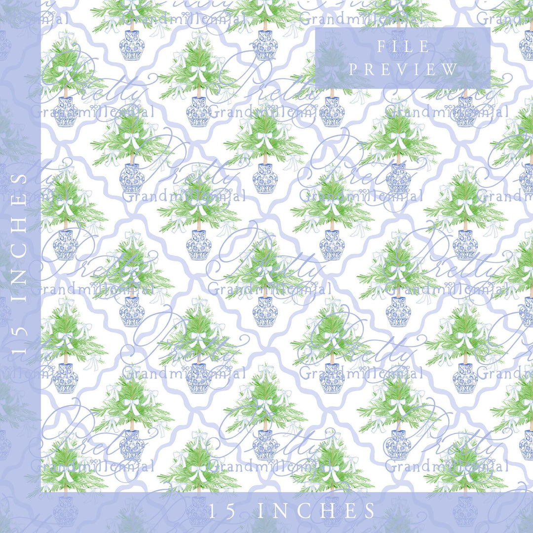 Grandmillennial Christmas tree pattern, preppy Christmas pattern, scallop trellis seamless pattern, bows, coquette pattern - PrettyGrandmillennai