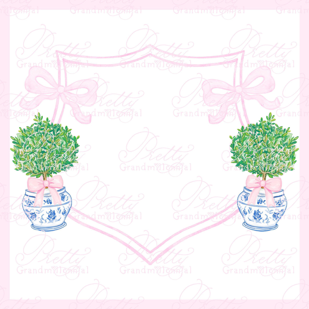 Preppy topiary crest bows, png design, watercolor grandmillennial boxwood, double bow crest design - PrettyGrandmillennai