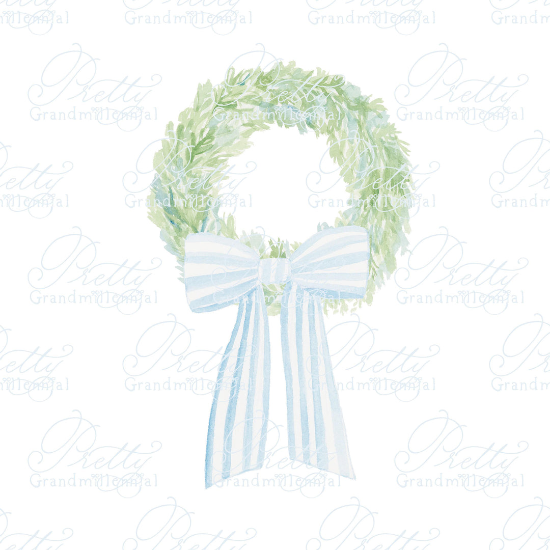 Watecolor wreath, striped bow, bow sash, wreath clipart, blue striped bow clipart, grandmillennial clipart, bow wreath clipart watercolor - PrettyGrandmillennai