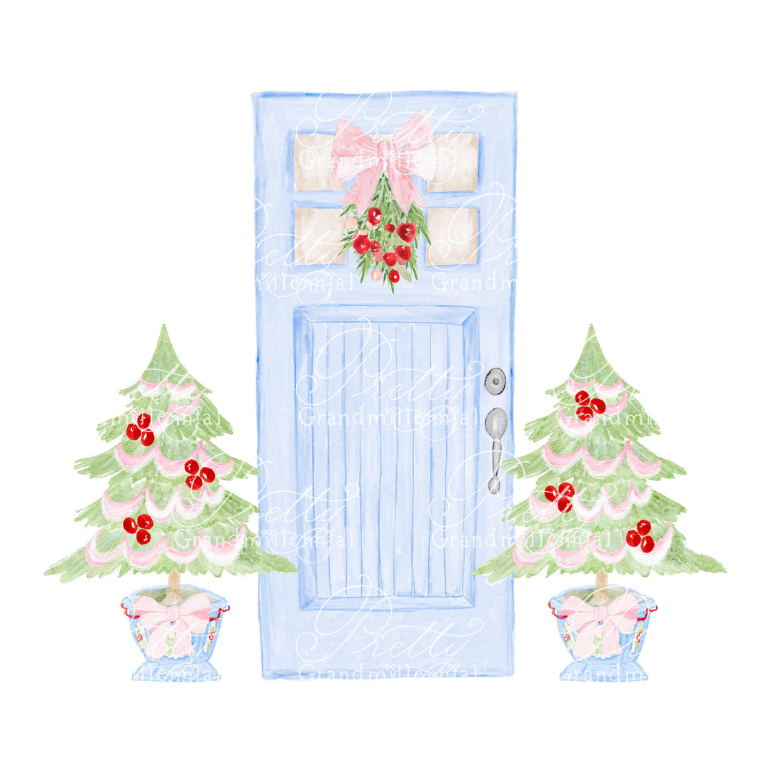 Blue Christmas door clipart, christmas clipart, Blue door clipart, watercolor door, interior design clipart, bow clipart, chinoiserie pot - PrettyGrandmillennai