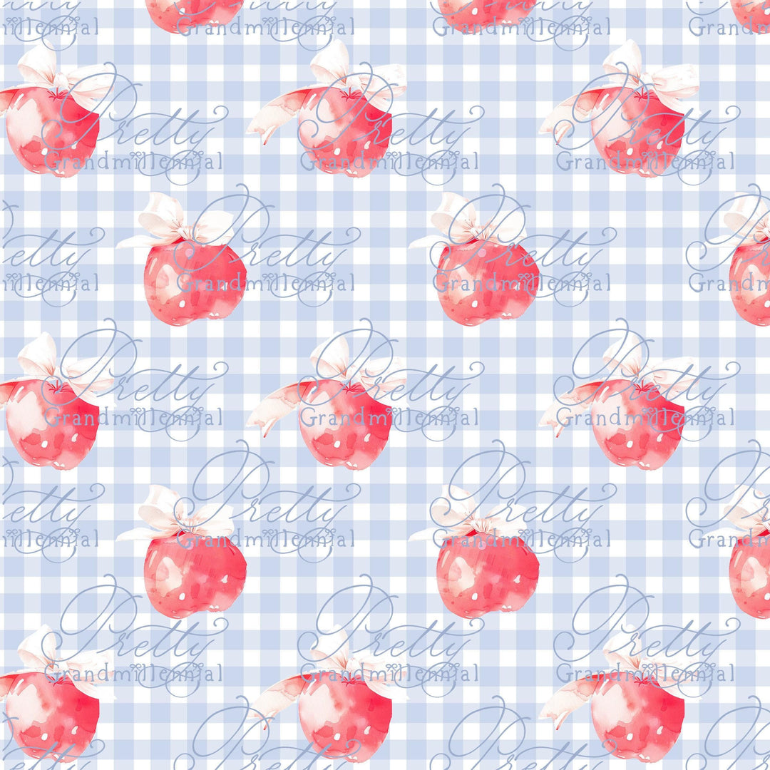 Grandmillennial Back to school pattern, gingham apple print, watercolor school pattern, red apple print, apples pattern, back to school - PrettyGrandmillennai