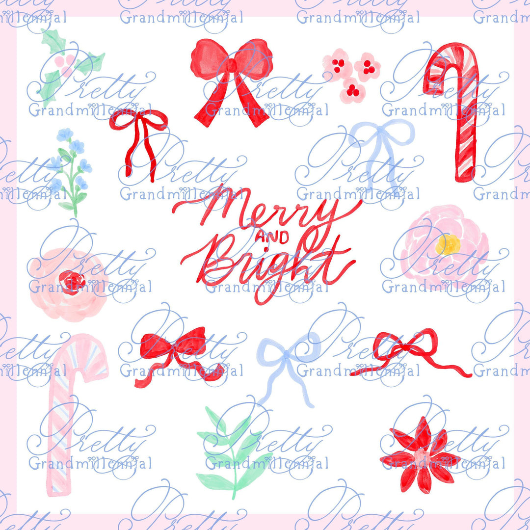 Watercolor Christmas clipart, Candy cane clipart, Christmas lettering, Christmas bows, watercolor Christmas clipart,grandmillennial clipart - PrettyGrandmillennai