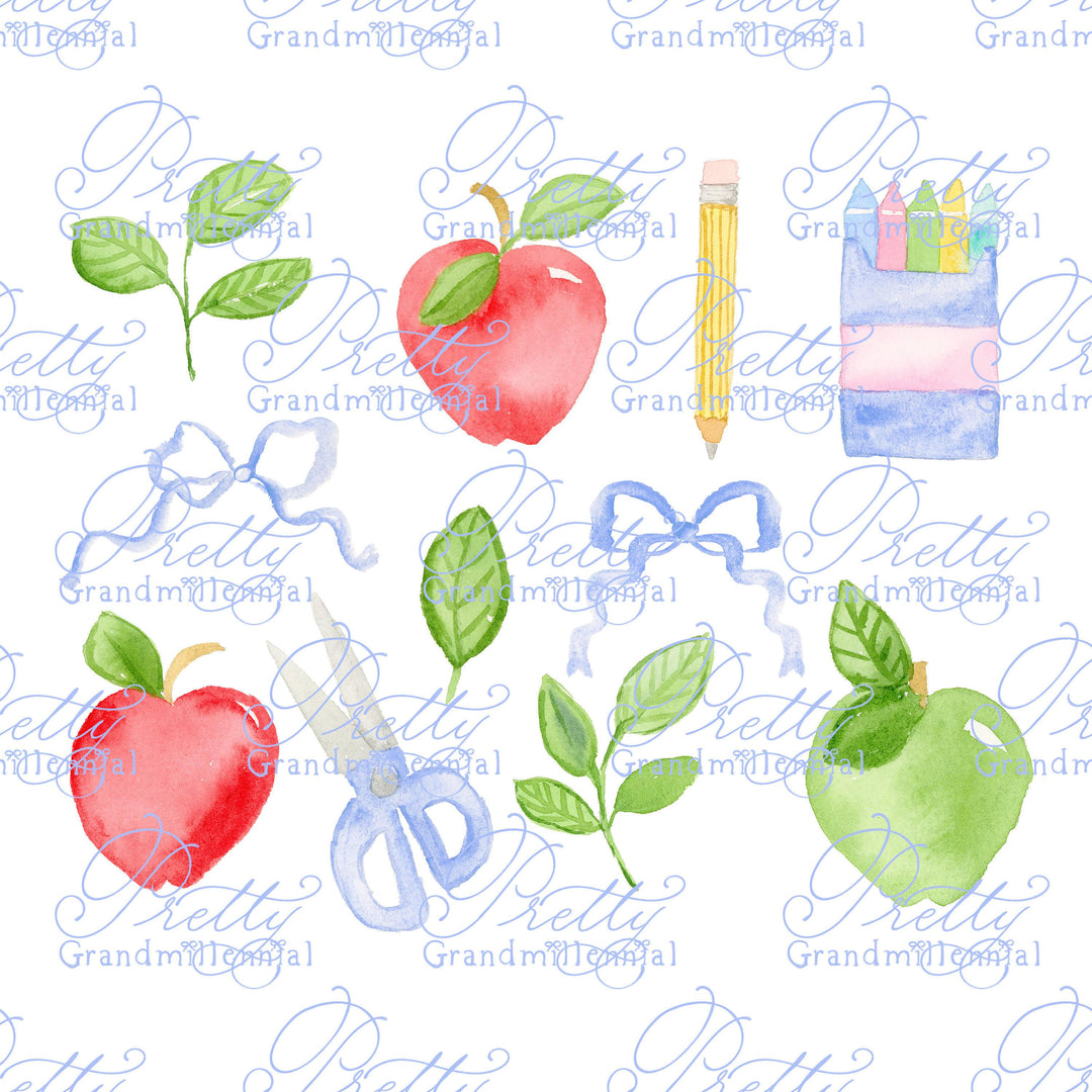 Grandmillennial Back to school clipart, watercolor back to school clipart, apple clipart, watercolor apple clipart, watercolor crayons - PrettyGrandmillennai