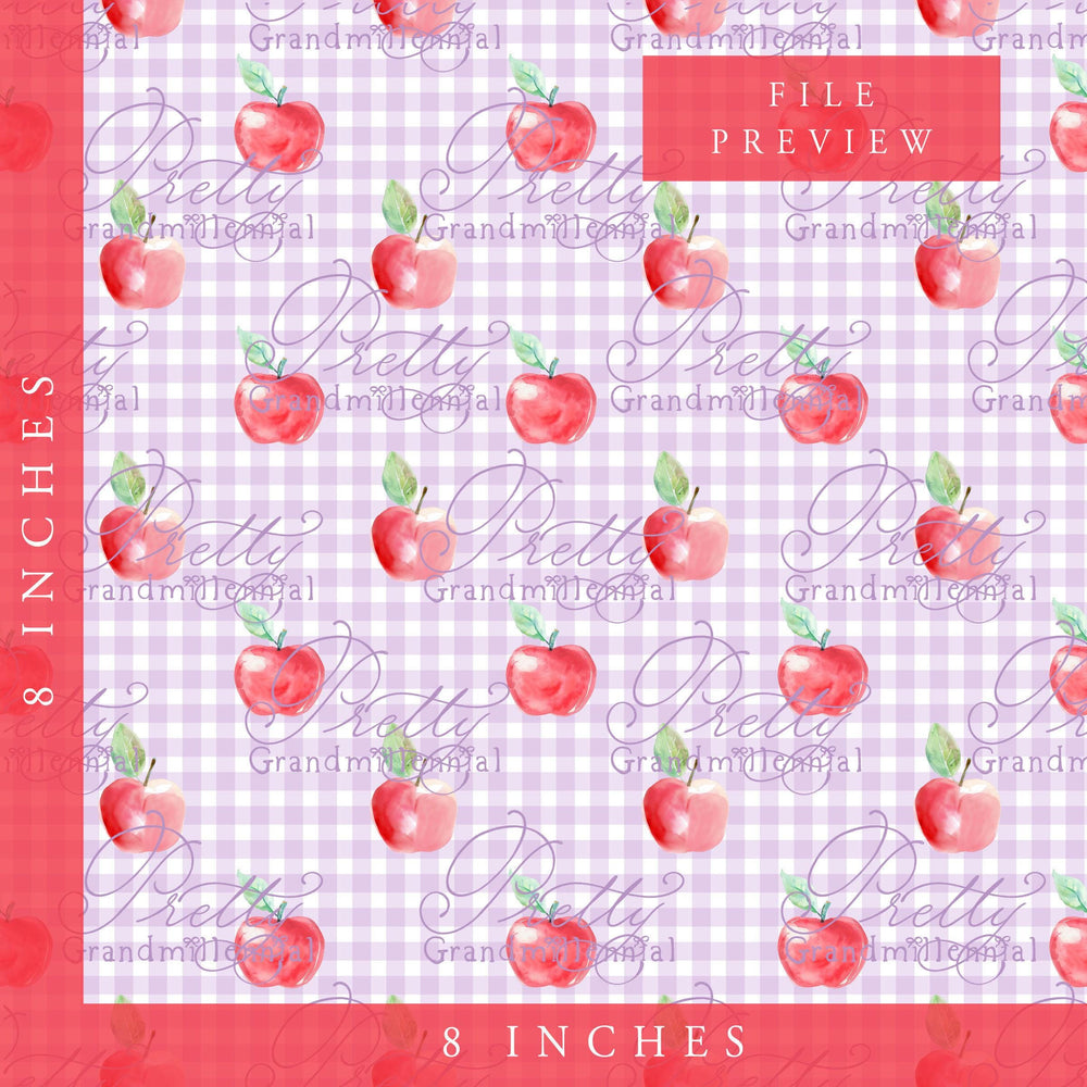 Grandmillennial Back to school pattern, gingham apple print, watercolor school pattern, red apple print, apples pattern, back to school - PrettyGrandmillennai