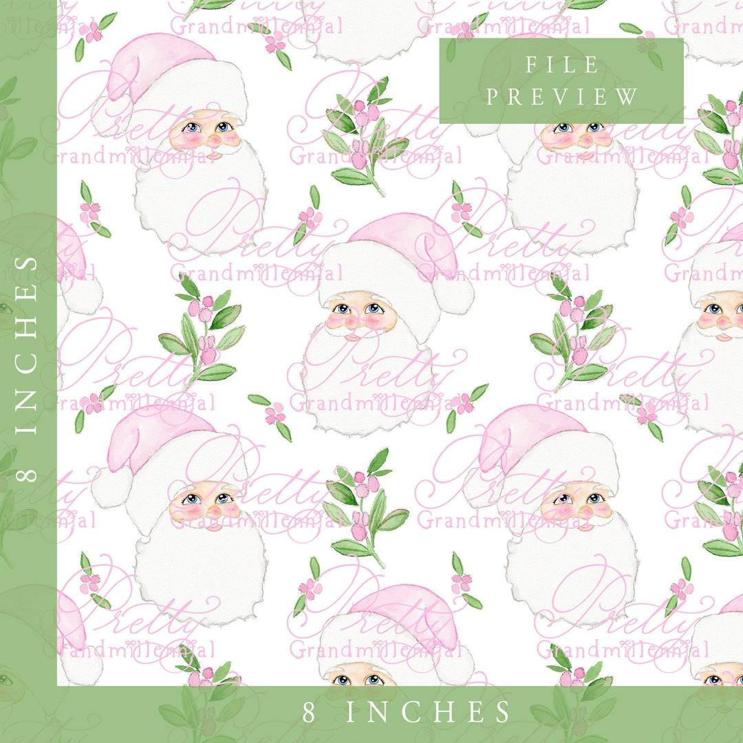 Grandmillennial Santa Pattern, pink hat Santa, santa print, cute santa clipart, vintage santa clipart, pink hat santa print, commercial use - PrettyGrandmillennai