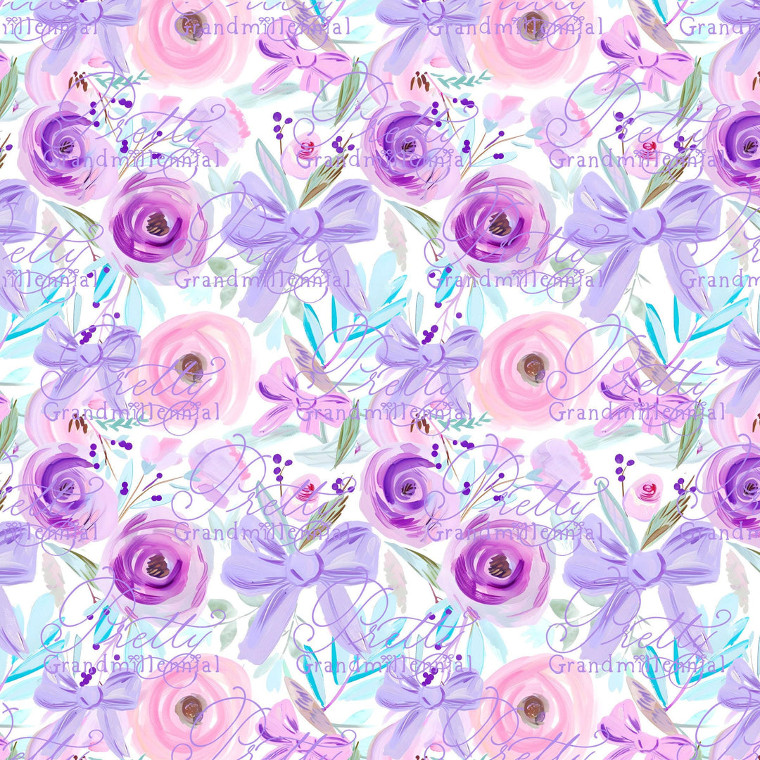 Preppy seamless pattern, lavender purple flowers, bows, grandmillennial seamless pattern, acrylic painting seamless pattern, commercial use - PrettyGrandmillennai