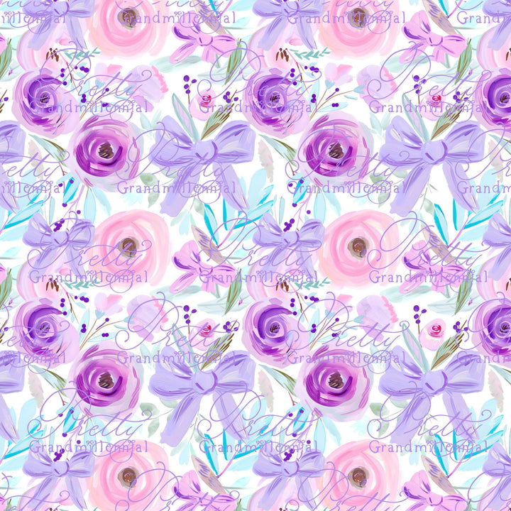 Preppy seamless pattern, lavender purple flowers, bows, grandmillennial seamless pattern, acrylic painting seamless pattern, commercial use - PrettyGrandmillennai
