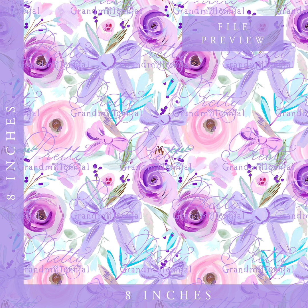 Preppy seamless pattern, lavender purple flowers, bows, grandmillennial seamless pattern, acrylic painting seamless pattern, commercial use - PrettyGrandmillennai