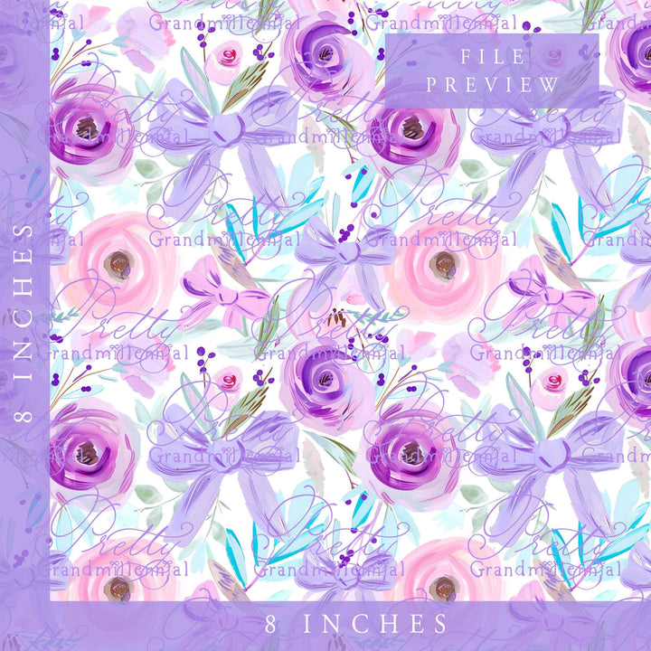 Preppy seamless pattern, lavender purple flowers, bows, grandmillennial seamless pattern, acrylic painting seamless pattern, commercial use - PrettyGrandmillennai