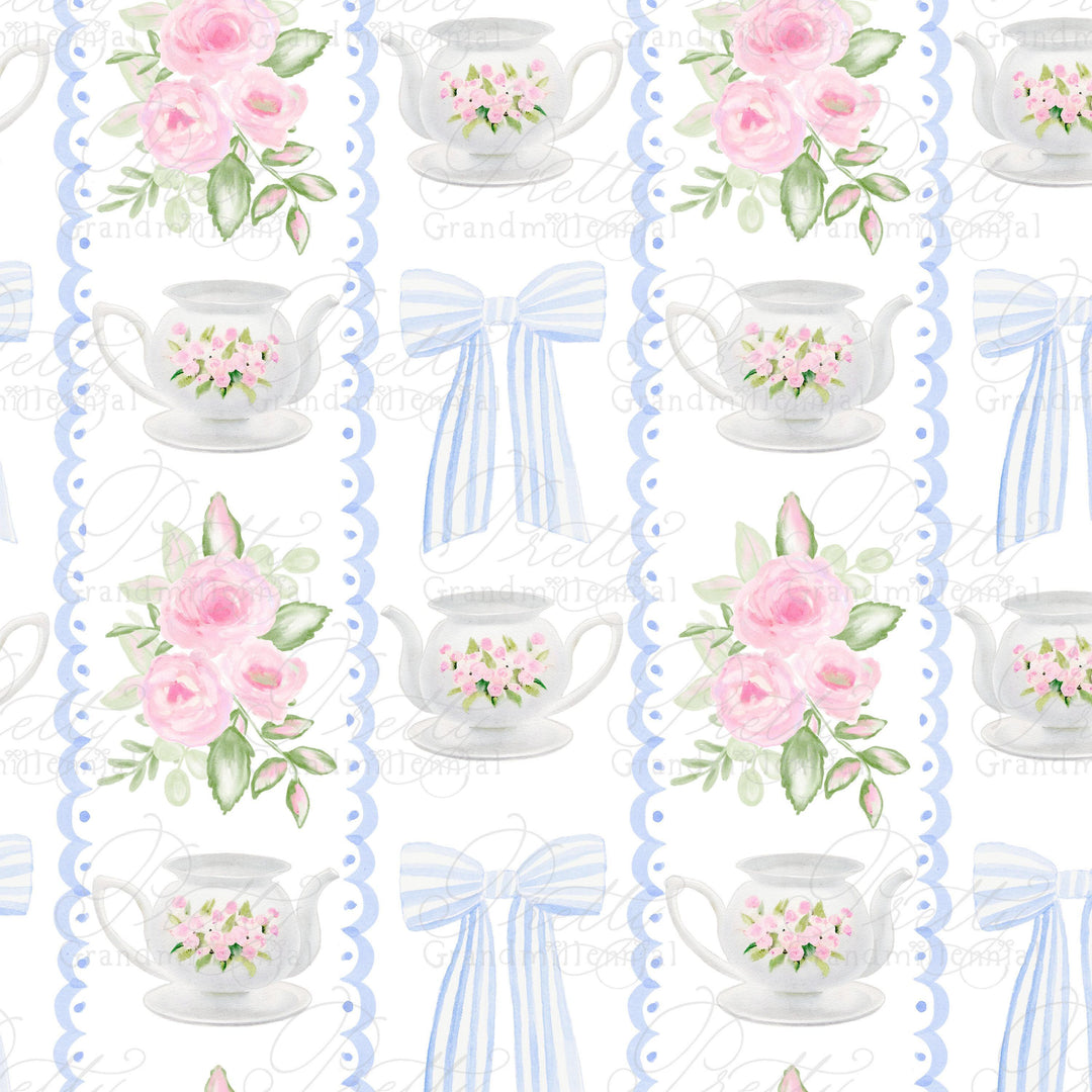 Tea pattern, grandmillennial tea patter, tea party pattern, flowers tea pot pattern, commercial use pattern, grandmillennial patterns - PrettyGrandmillennai