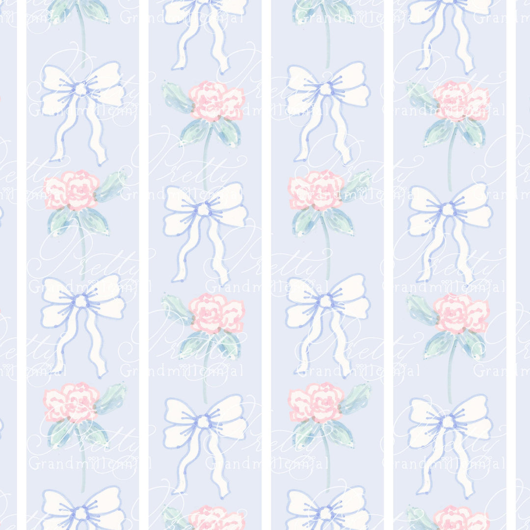 Romantic Rose Flowers with Bows Pattern on Blue, alcohol markers art patterns, floral pattern, grandmillennial patterns, grandmillennial, - PrettyGrandmillennai