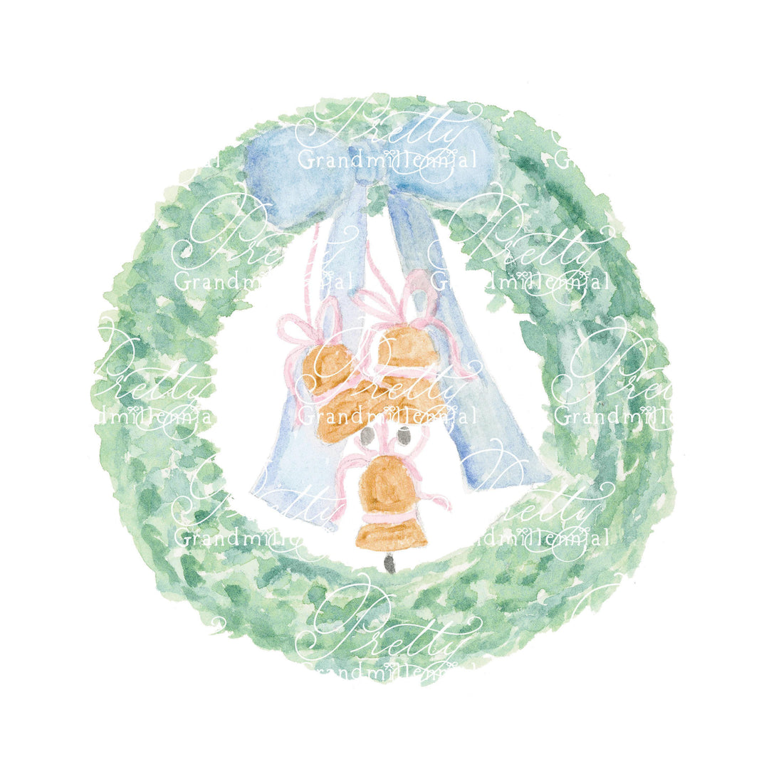 Watercolor Christmas Wreath Bells, wreath clipart, blue watercolor bow clipart, grandmillennial clipart, bow wreath clipart watercolor - PrettyGrandmillennai