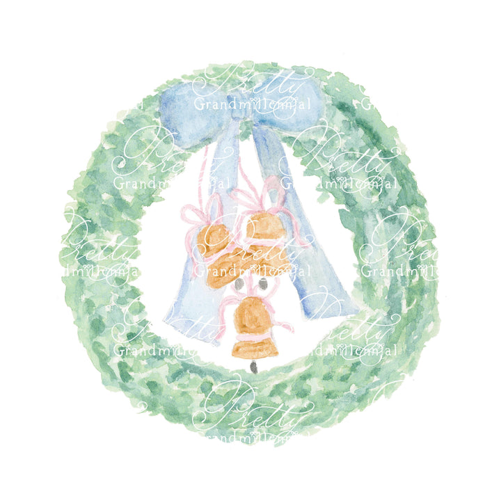 Watercolor Christmas Wreath Bells, wreath clipart, blue watercolor bow clipart, grandmillennial clipart, bow wreath clipart watercolor - PrettyGrandmillennai