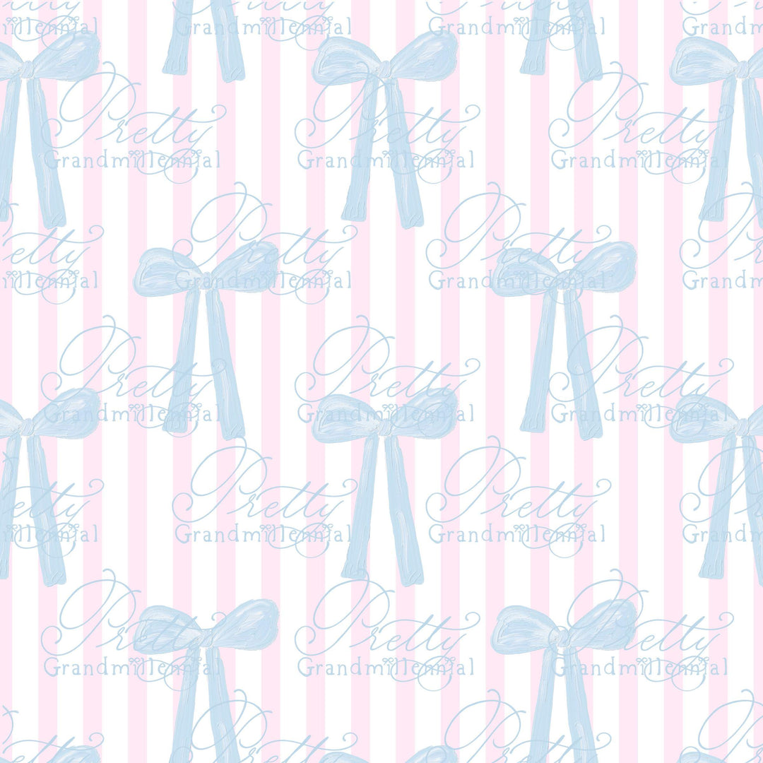 Preppy coquette pattern, grandmillennial bows pattern, seamless pattern, stripes pattern, commercial use pattern, blue and white pattern - PrettyGrandmillennai