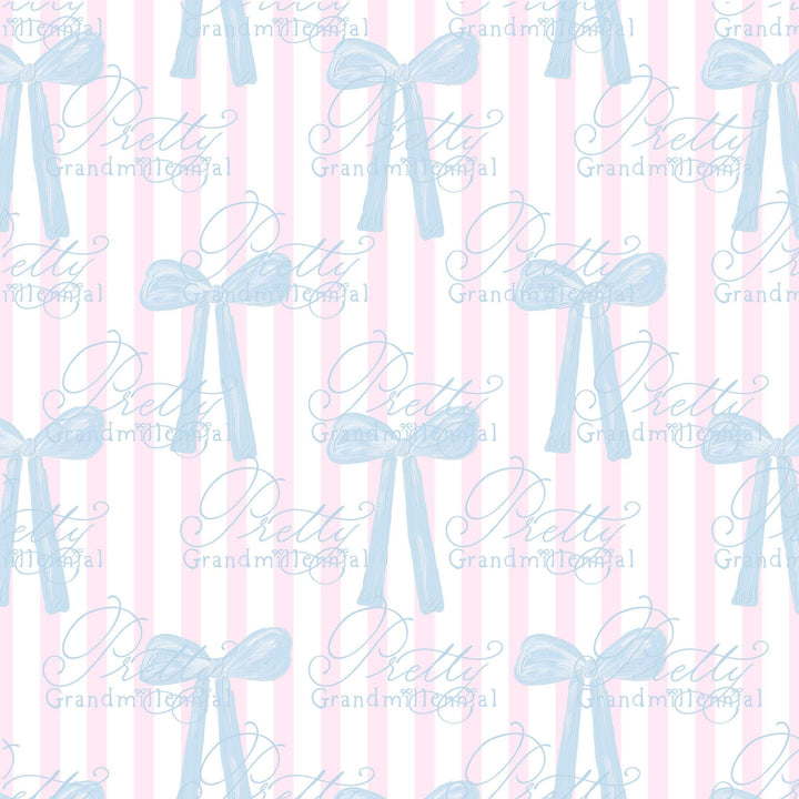 Preppy coquette pattern, grandmillennial bows pattern, seamless pattern, stripes pattern, commercial use pattern, blue and white pattern - PrettyGrandmillennai