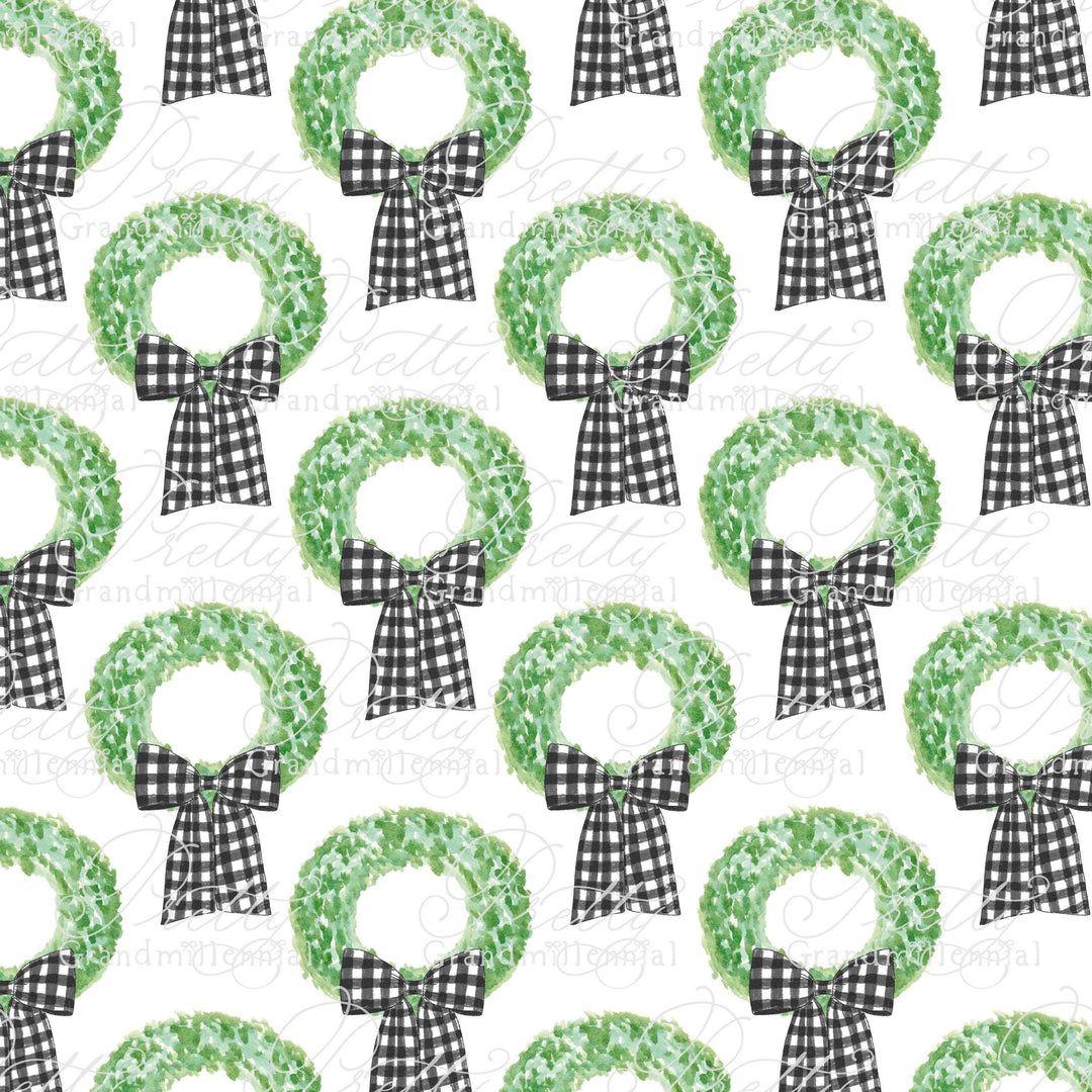 Christmas Wreath with Black Buffalo Plaid Gingham Bow, seamless pattern, wreath pattern, grandmillennial pattern, bow pattern, buffalo plaid - PrettyGrandmillennai