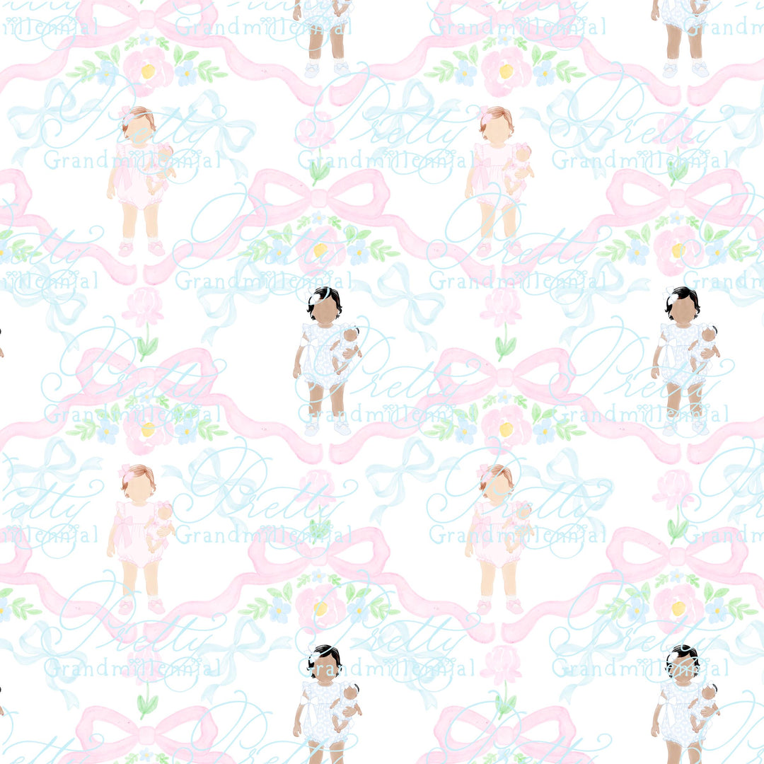 Watercolor Dolly & Me Ribbonerie Coquette Bows, Seamless Pattern, Grandmillennial Style (PNG file) - PrettyGrandmillennai