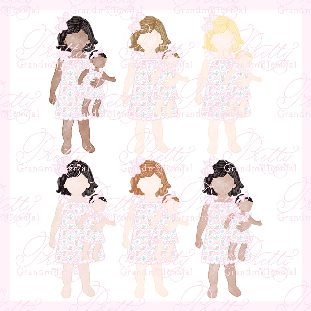 Grandmillennial Girl with Doll Clipart, Dolly And Me (PNG Digital Download) - PrettyGrandmillennai