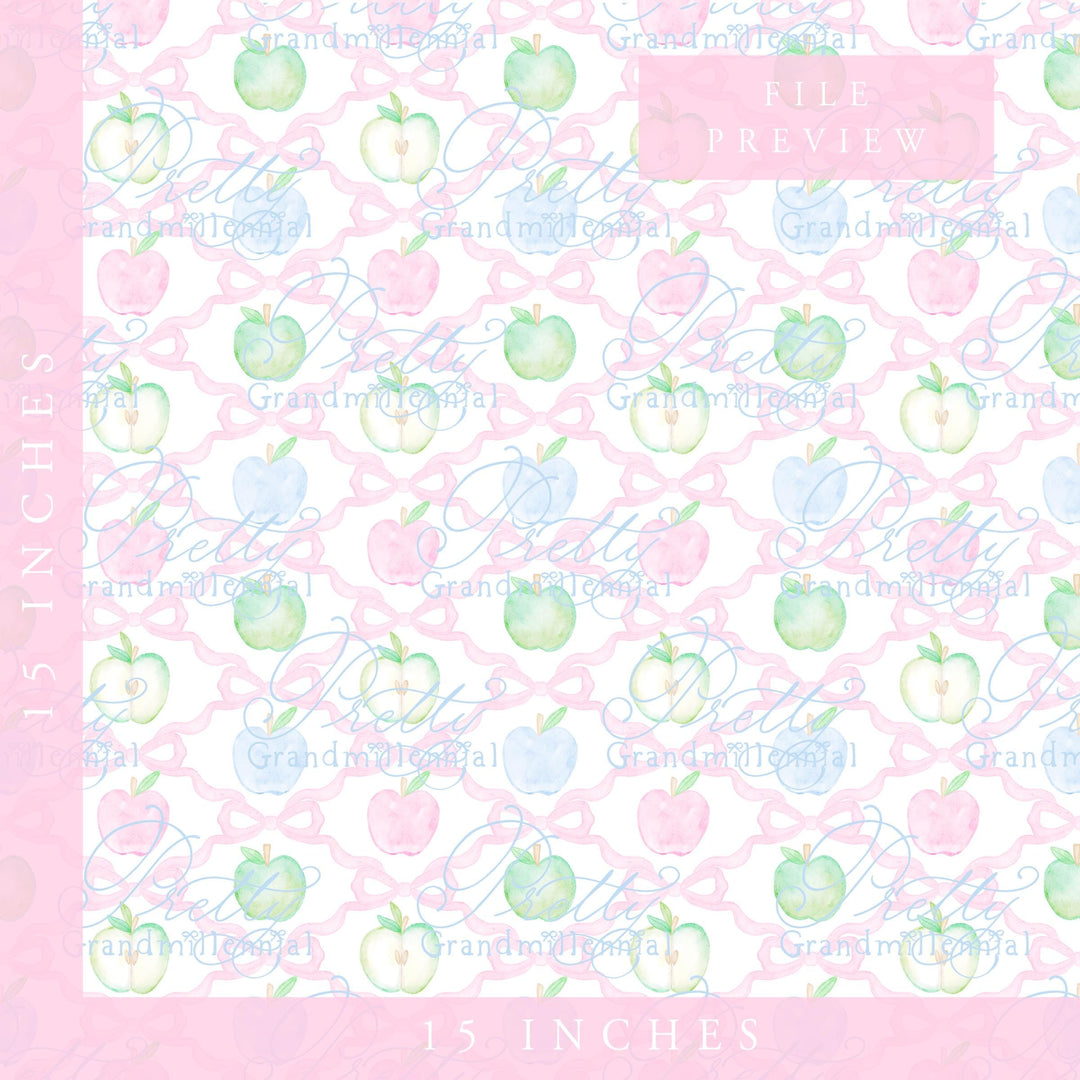 Watercolor Apples Ribbonerie Coquette Bows, Seamless Pattern, Grandmillennial Style (PNG file) - PrettyGrandmillennai