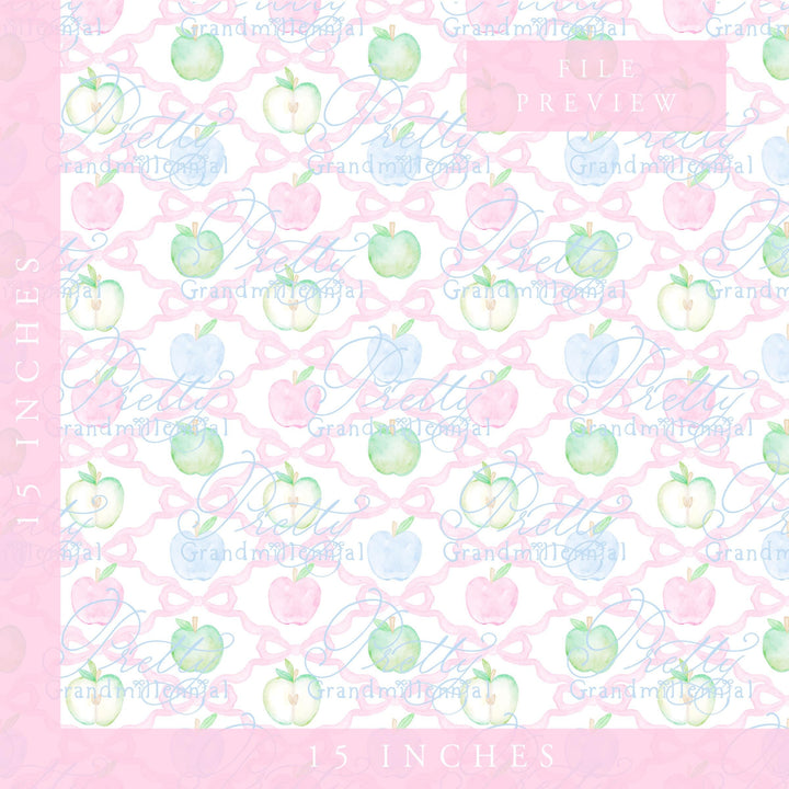 Watercolor Apples Ribbonerie Coquette Bows, Seamless Pattern, Grandmillennial Style (PNG file) - PrettyGrandmillennai