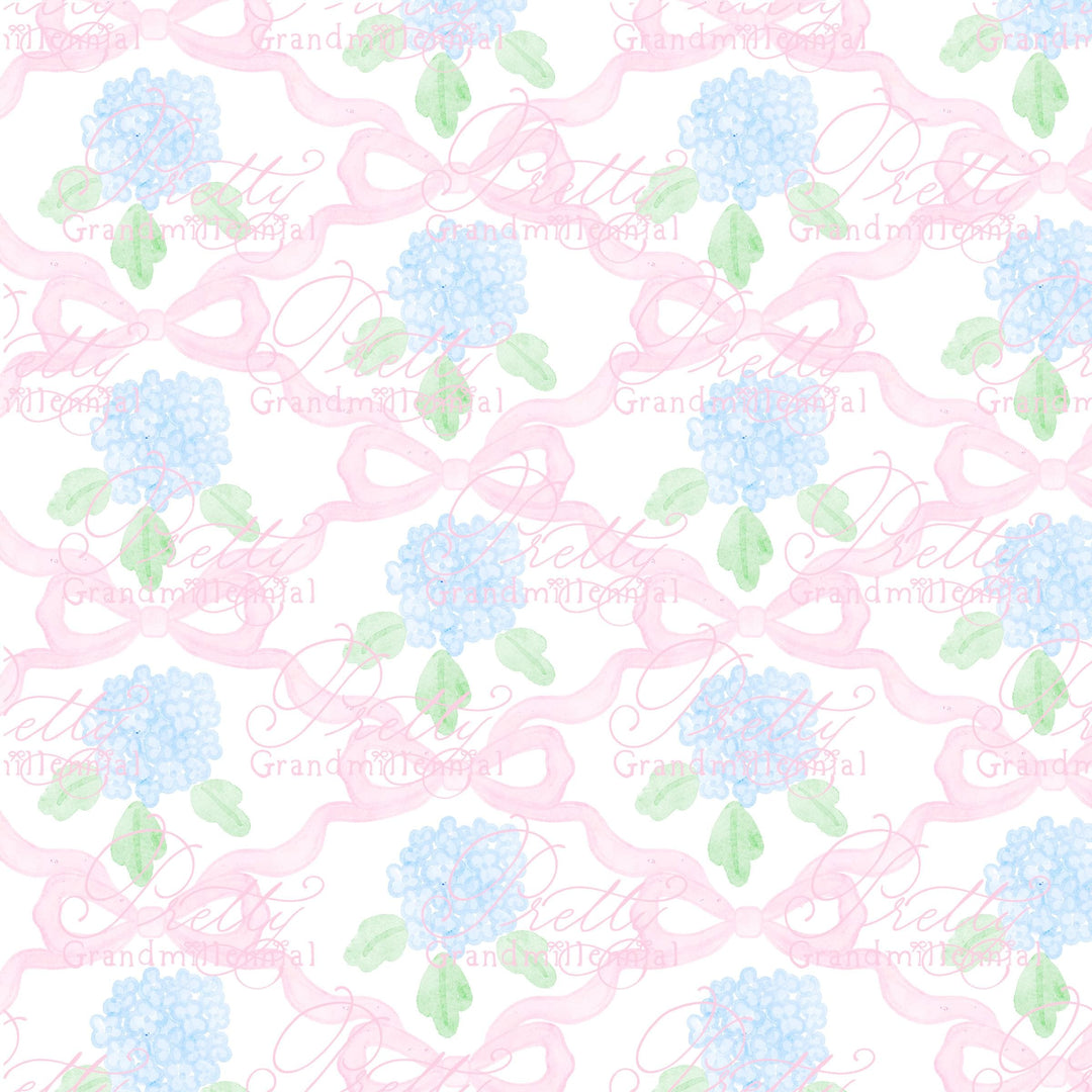 Watercolor Hydrangeas Coquette Bows, Seamless Pattern, Grandmillennial Style (PNG file) - PrettyGrandmillennai