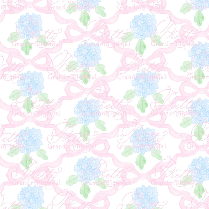 Watercolor Hydrangeas Coquette Bows, Seamless Pattern, Grandmillennial Style (PNG file) - PrettyGrandmillennai