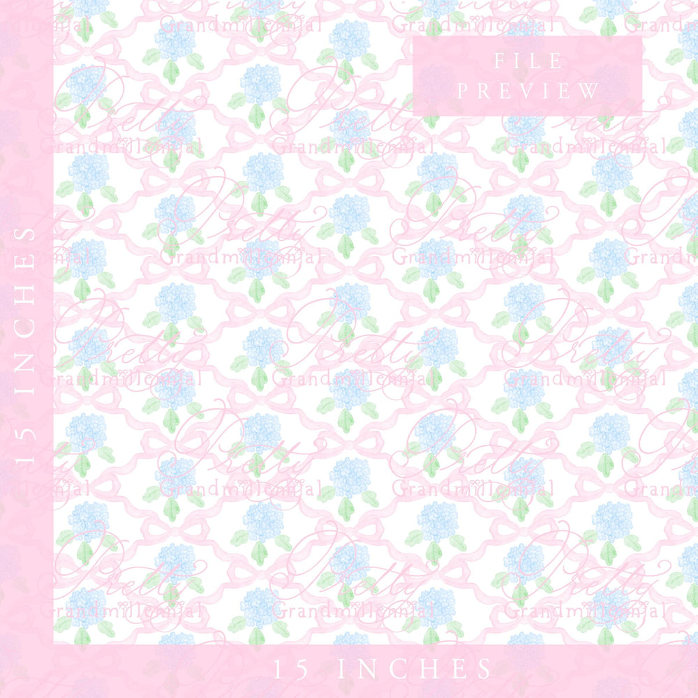Watercolor Hydrangeas Coquette Bows, Seamless Pattern, Grandmillennial Style (PNG file) - PrettyGrandmillennai