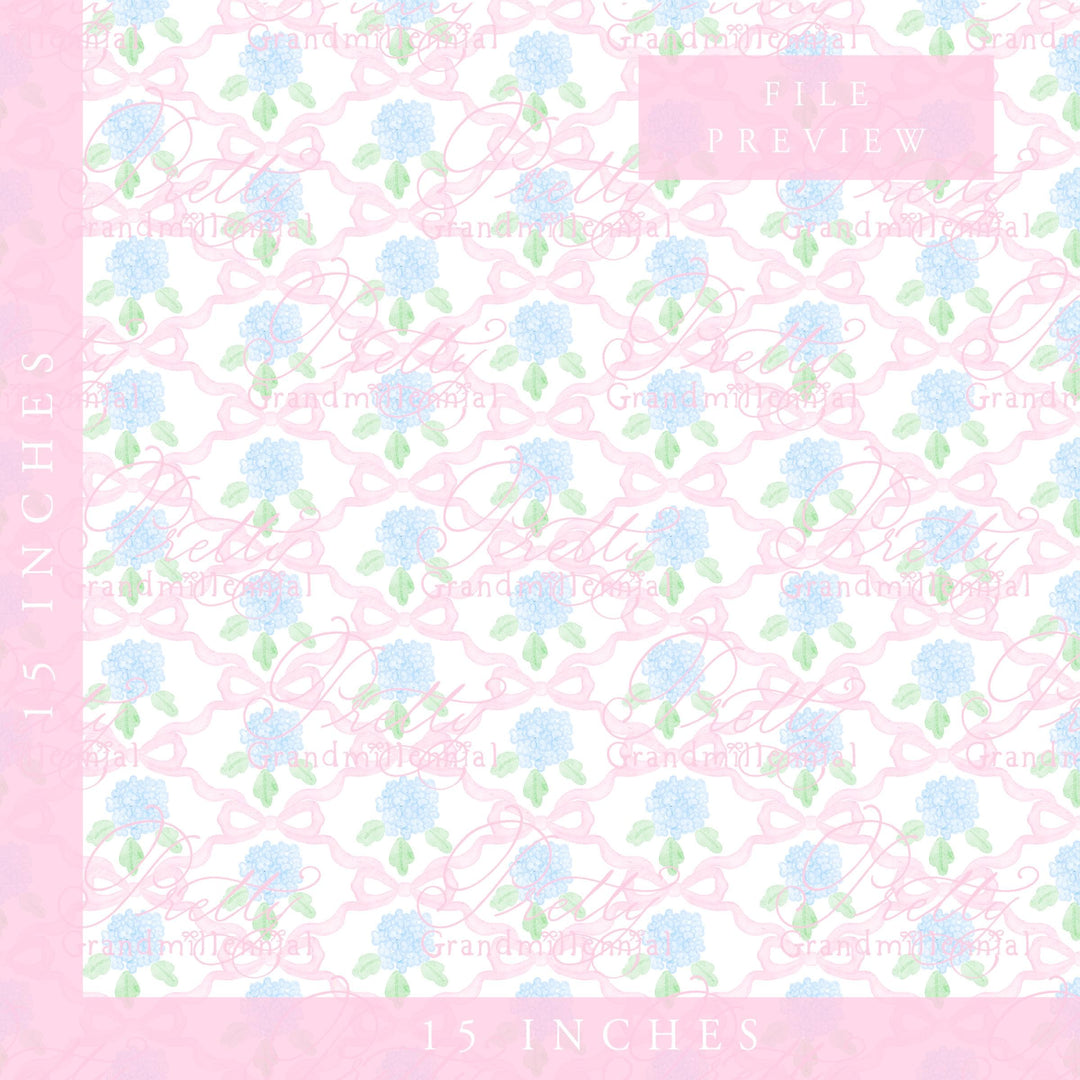 Watercolor Hydrangeas Coquette Bows, Seamless Pattern, Grandmillennial Style (PNG file) - PrettyGrandmillennai