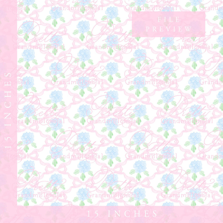 Watercolor Hydrangeas Coquette Bows, Seamless Pattern, Grandmillennial Style (PNG file) - PrettyGrandmillennai