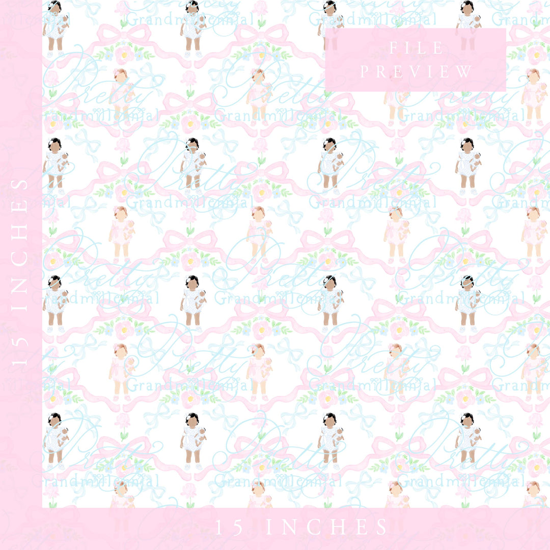 Watercolor Dolly &amp; Me Ribbonerie Coquette Bows, Seamless Pattern, Grandmillennial Style (PNG file) - PrettyGrandmillennai